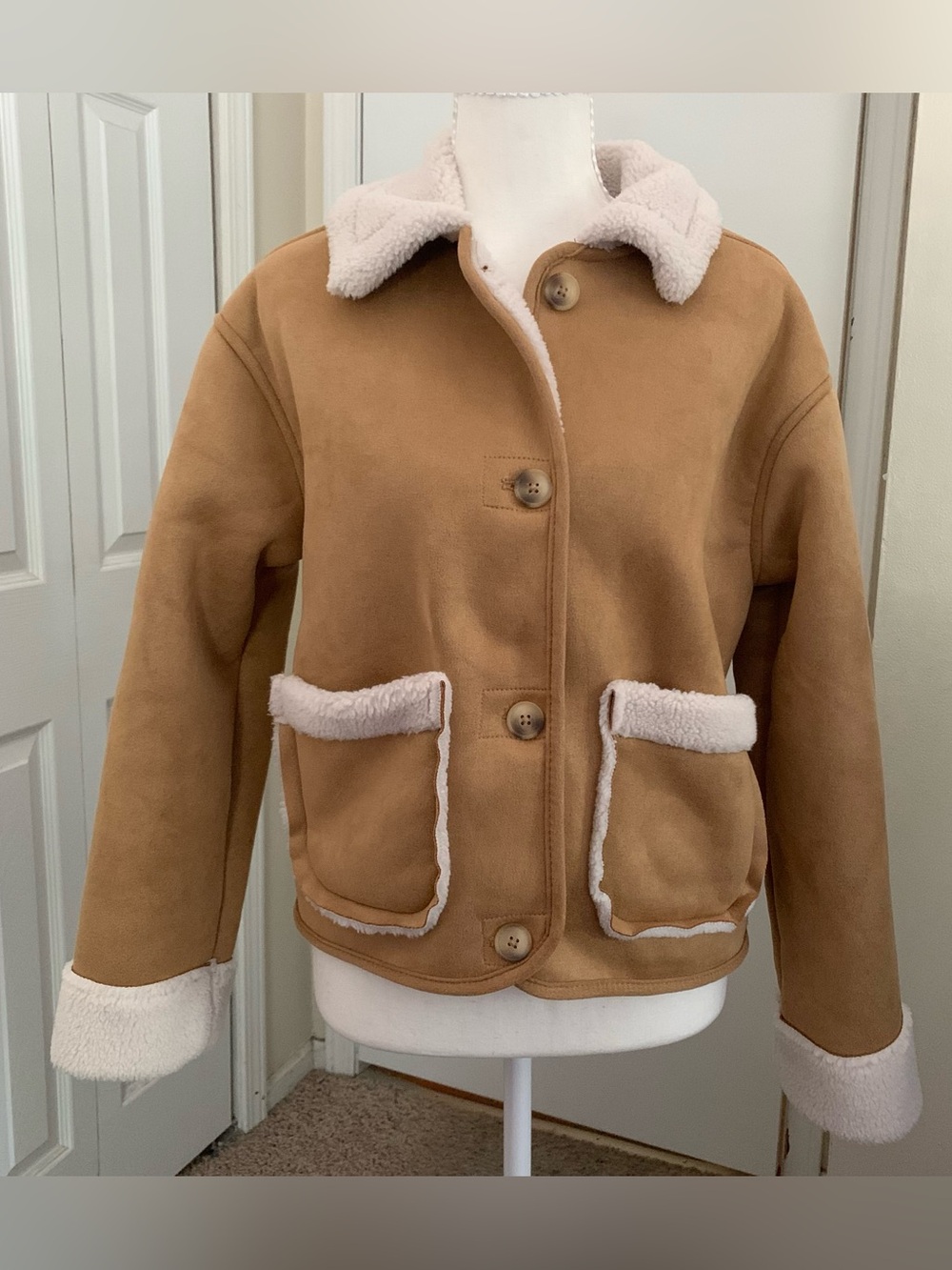 Time and Tru Faux Shearling Jacket Coat Faux Suede Sherpa Tan Women’s Sz S 4-6